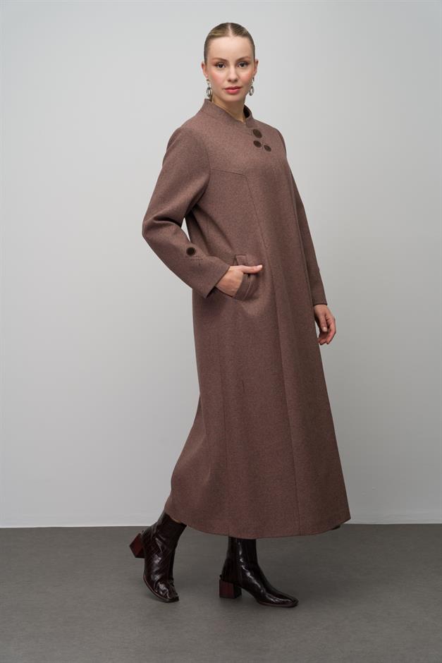 Hakim Yaka İşleme Detaylı Yün Karışımlı Büyük Beden Pardesü KAHVE MELANJ 6632
