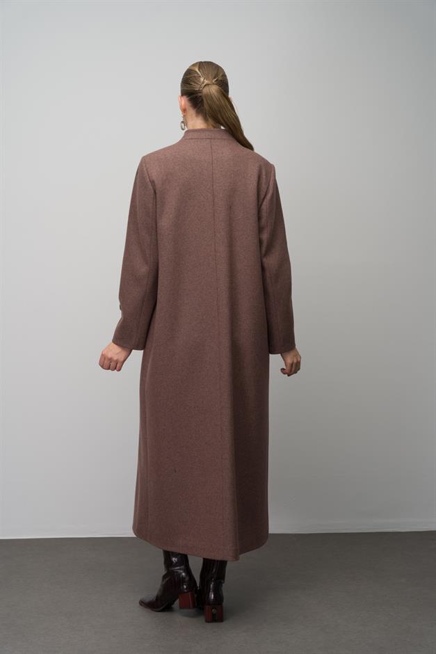 Hakim Yaka İşleme Detaylı Yün Karışımlı Büyük Beden Pardesü KAHVE MELANJ 6632