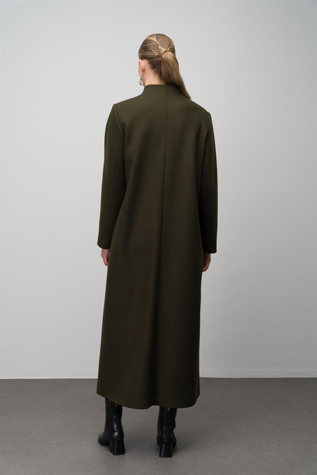 Hakim Yaka İşleme Detaylı Yün Karışımlı Büyük Beden Pardesü HAKİ 6632