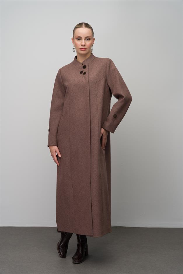 Hakim Yaka İşleme Detaylı Yün Karışımlı Büyük Beden Pardesü KAHVE MELANJ 6632