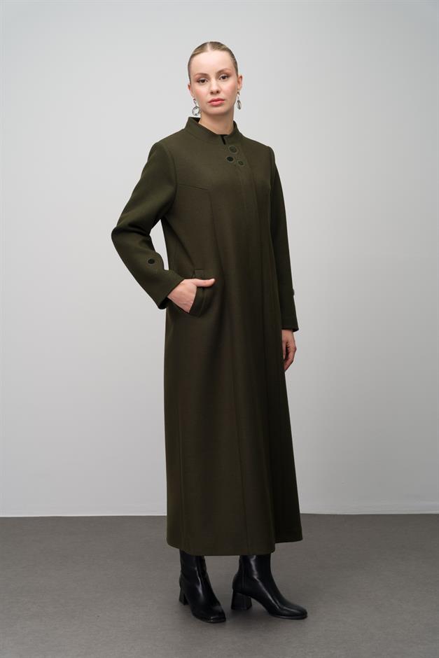 Hakim Yaka İşleme Detaylı Yün Karışımlı Büyük Beden Pardesü HAKİ 6632