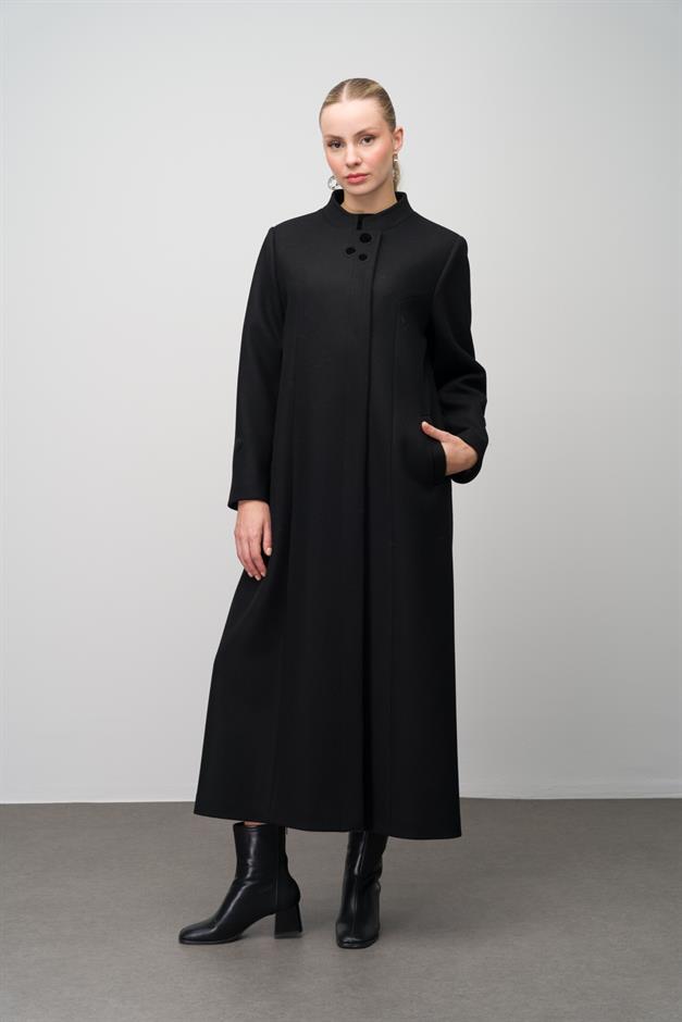 Hakim Yaka İşleme Detaylı Yün Karışımlı Büyük Beden Pardesü SİYAH 6632