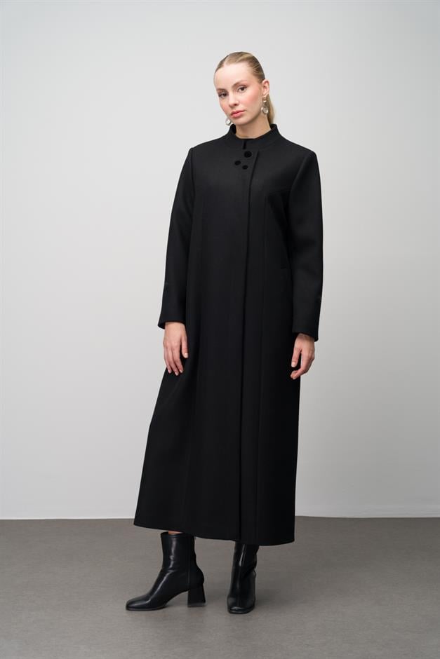 Hakim Yaka İşleme Detaylı Yün Karışımlı Büyük Beden Pardesü SİYAH 6632