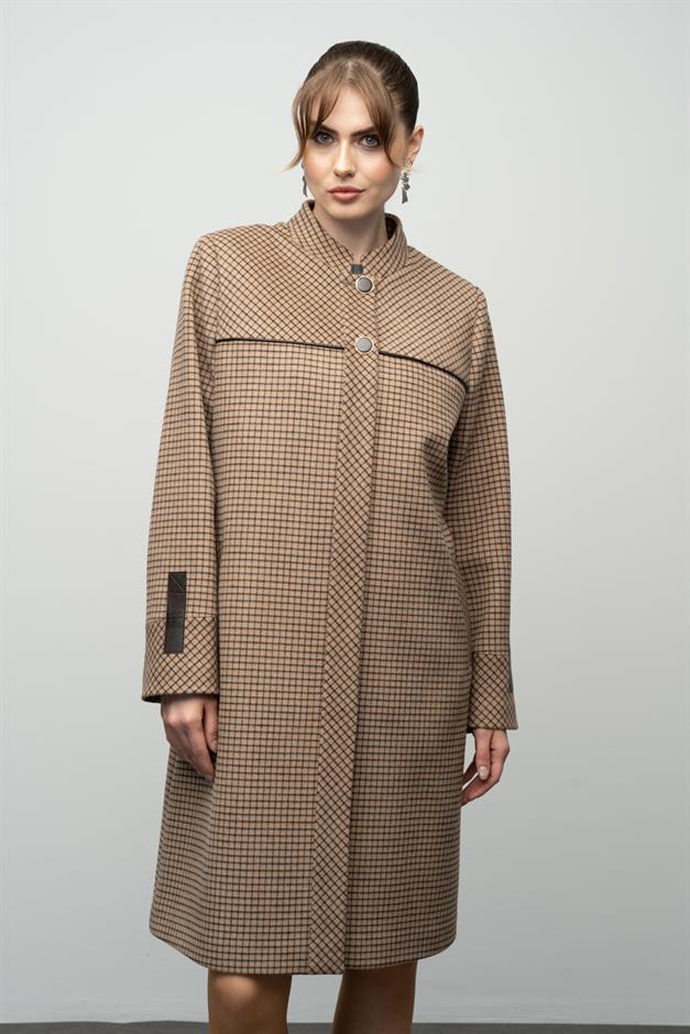 Square Patterned Plus Size Cashmere Coat with a Judge Collar CAMEL 3026