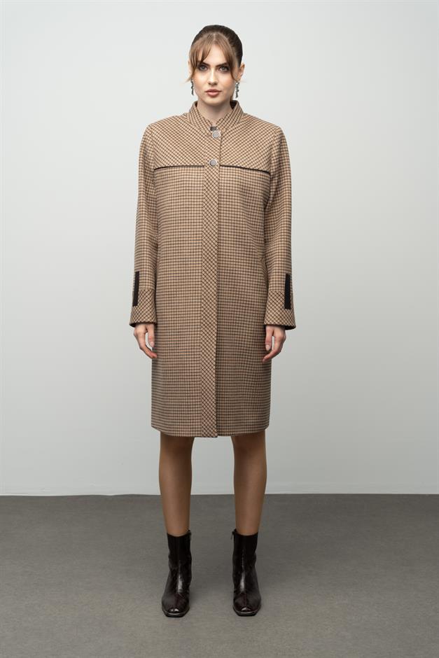 Square Patterned Plus Size Cashmere Coat with a Judge Collar CAMEL 3026
