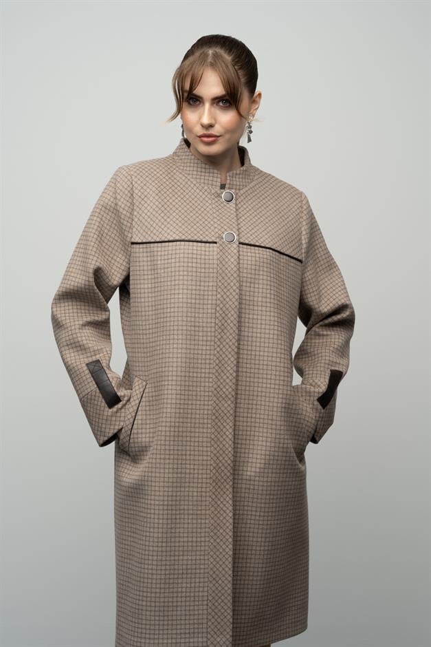 Square Patterned Plus Size Cashmere Coat with a Judge Collar VIZON 3026