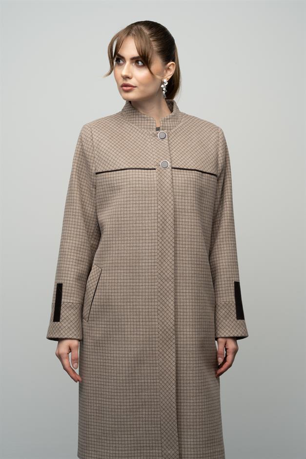 Square Patterned Plus Size Cashmere Coat with a Judge Collar VIZON 3026