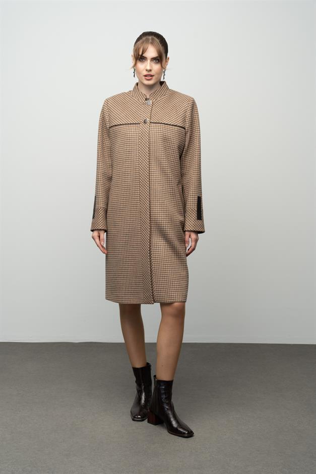 Square Patterned Plus Size Cashmere Coat with a Judge Collar CAMEL 3026