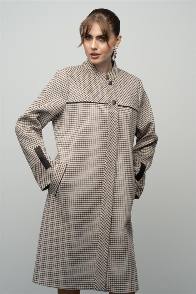 Square Patterned Plus Size Cashmere Coat with a Judge Collar STONE 3026