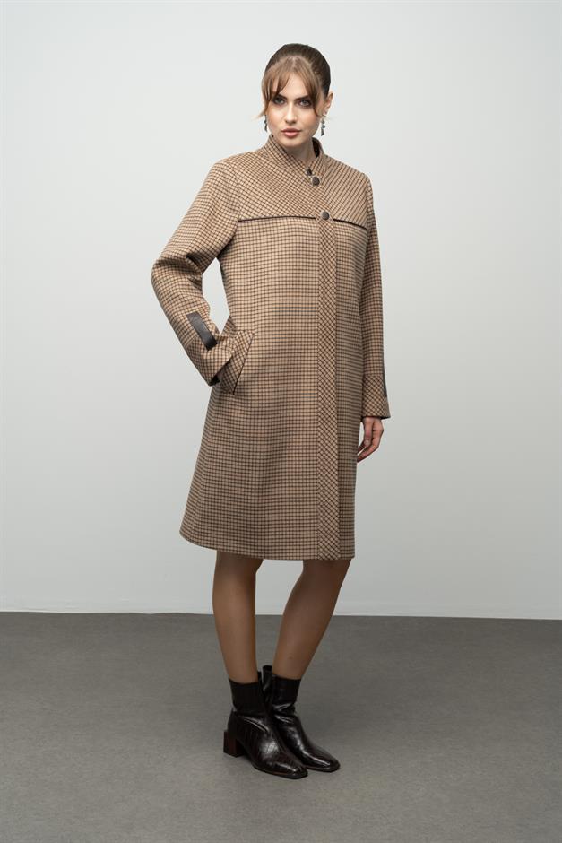 Square Patterned Plus Size Cashmere Coat with a Judge Collar CAMEL 3026