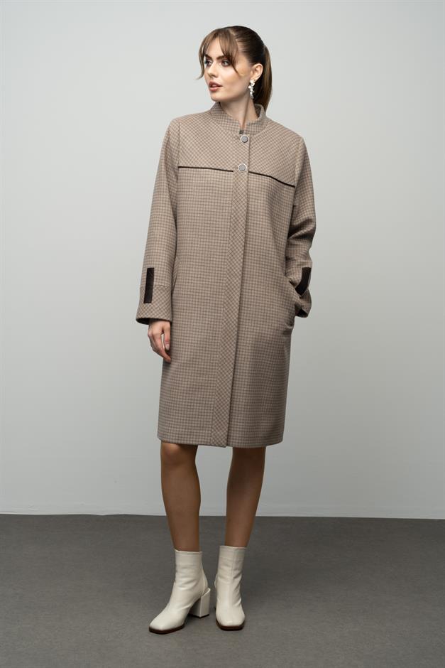 Square Patterned Plus Size Cashmere Coat with a Judge Collar VIZON 3026