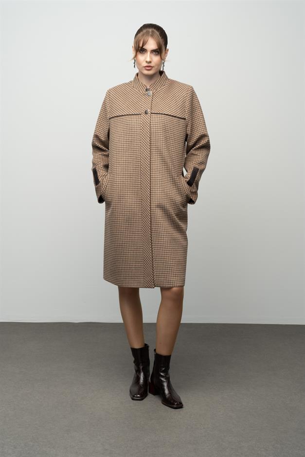 Square Patterned Plus Size Cashmere Coat with a Judge Collar CAMEL 3026