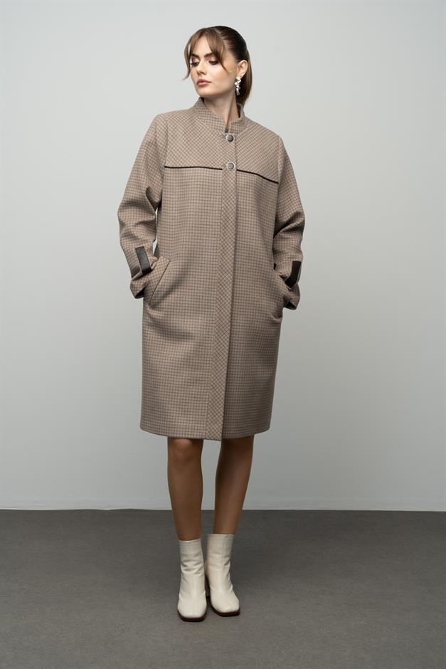 Square Patterned Plus Size Cashmere Coat with a Judge Collar VIZON 3026