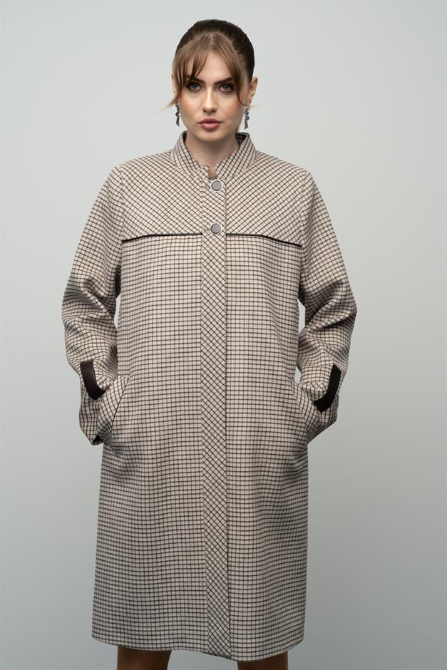 Square Patterned Plus Size Cashmere Coat with a Judge Collar STONE 3026