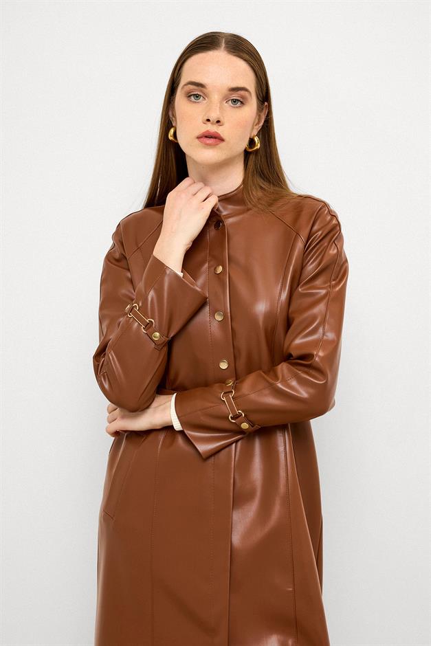 Long Leather Trench Coat with Judge Collar and Belt Detail CAMEL 6775