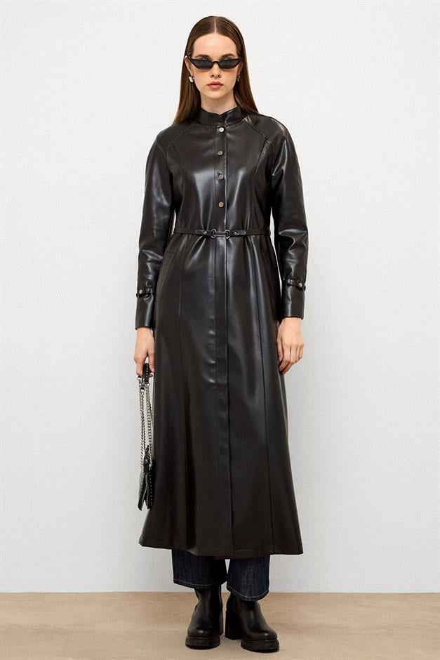 Long Leather Trench Coat with Judge Collar and Belt Detail BLACK 6775