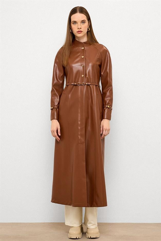 Long Leather Trench Coat with Judge Collar and Belt Detail CAMEL 6775
