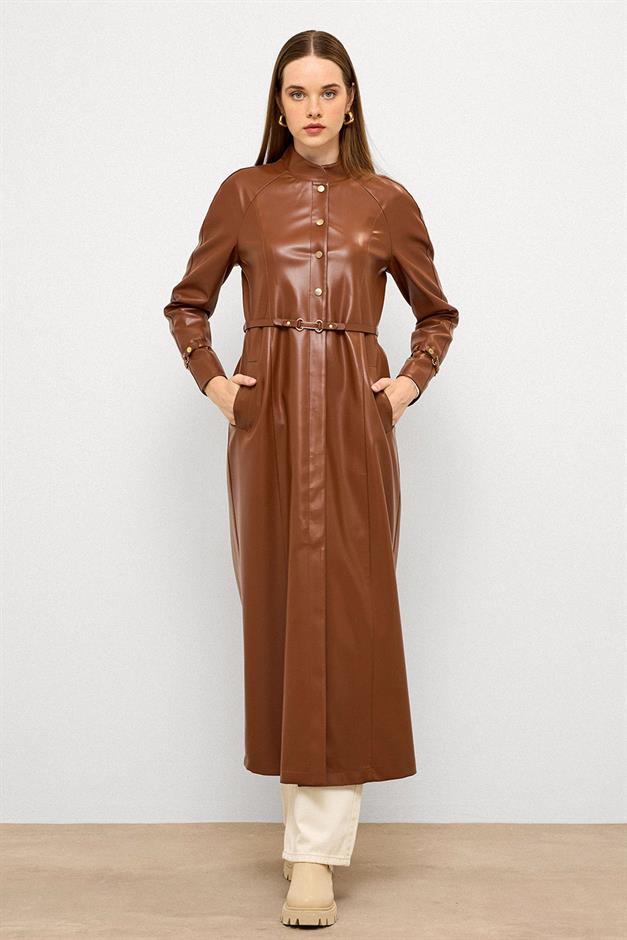 Long Leather Trench Coat with Judge Collar and Belt Detail CAMEL 6775