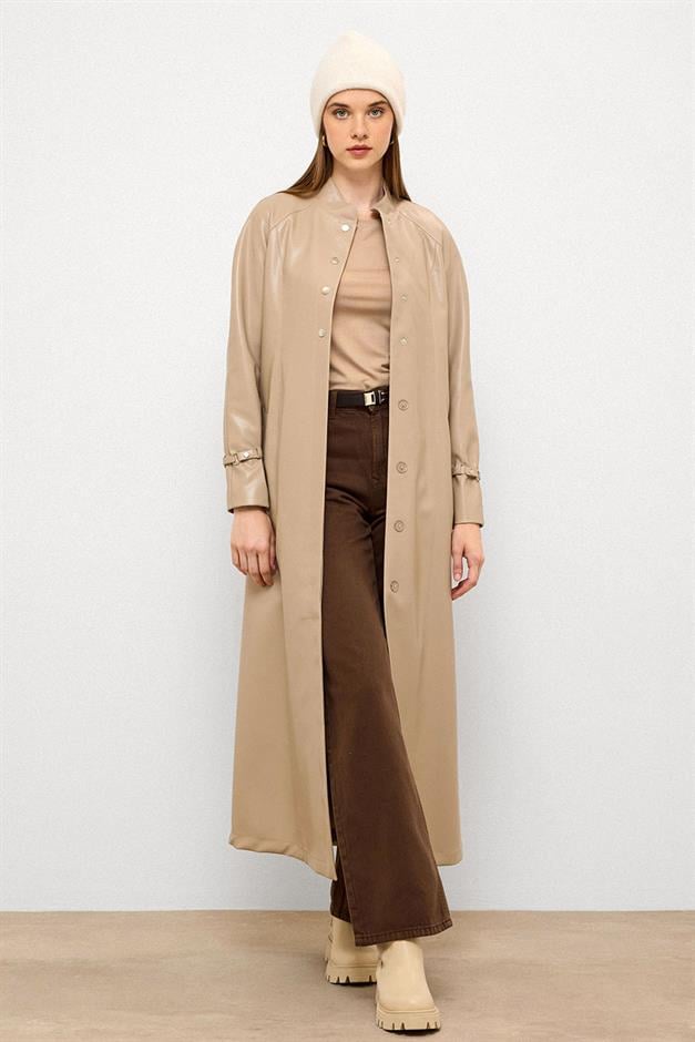 Long Leather Trench Coat with Judge Collar and Belt Detail STONE 6775