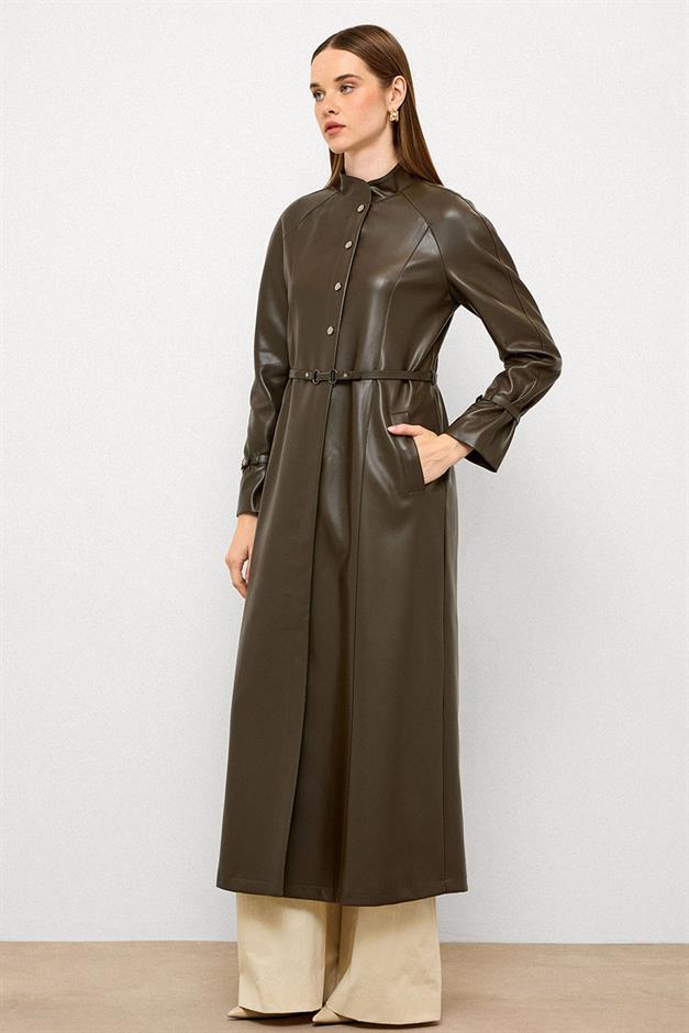 Long Leather Trench Coat with Judge Collar and Belt Detail DRAB 6775