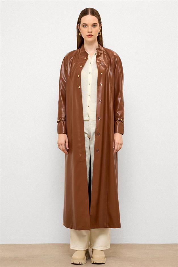 Long Leather Trench Coat with Judge Collar and Belt Detail CAMEL 6775