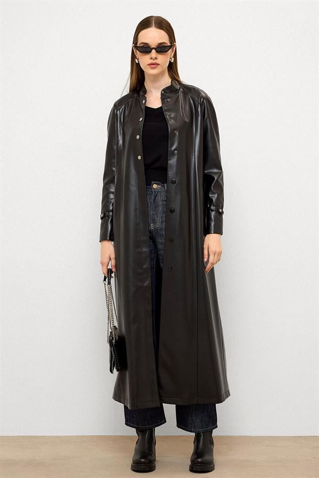 Long Leather Trench Coat with Judge Collar and Belt Detail BLACK 6775