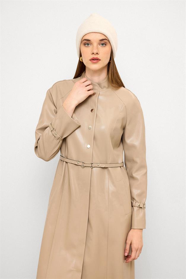 Long Leather Trench Coat with Judge Collar and Belt Detail STONE 6775