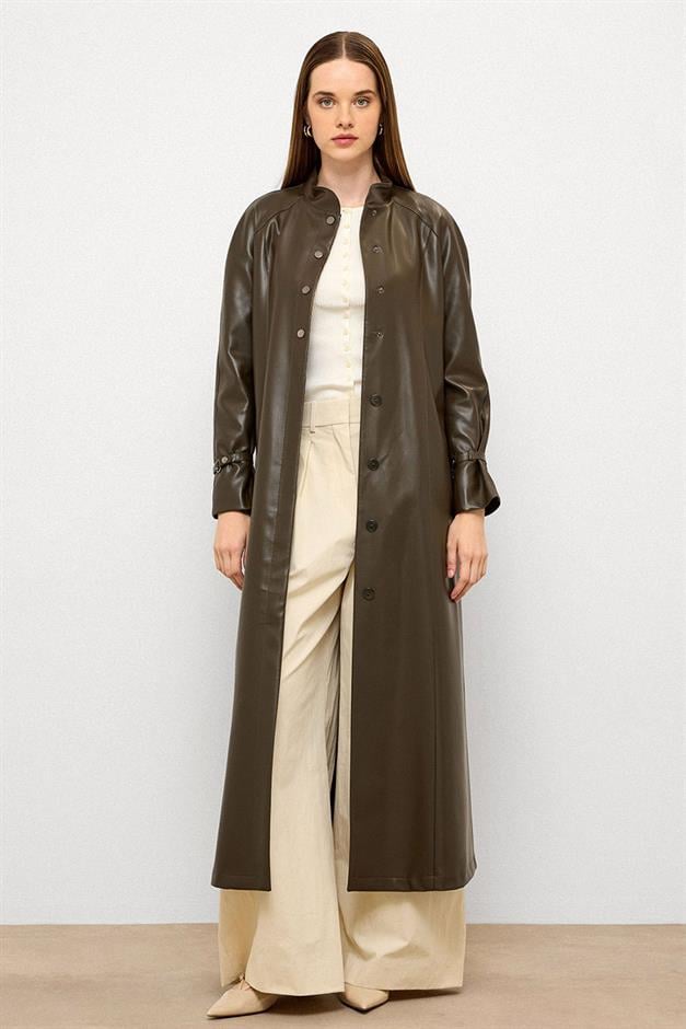 Long Leather Trench Coat with Judge Collar and Belt Detail DRAB 6775
