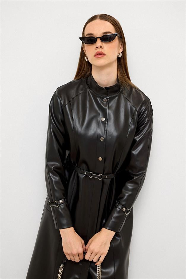 Long Leather Trench Coat with Judge Collar and Belt Detail BLACK 6775