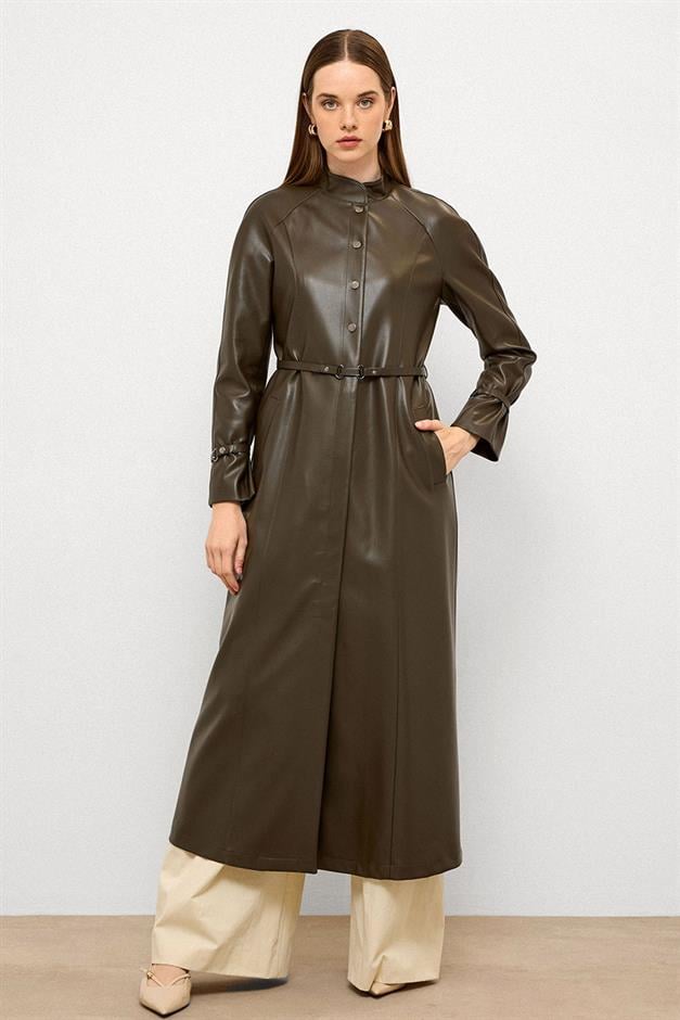 Long Leather Trench Coat with Judge Collar and Belt Detail DRAB 6775
