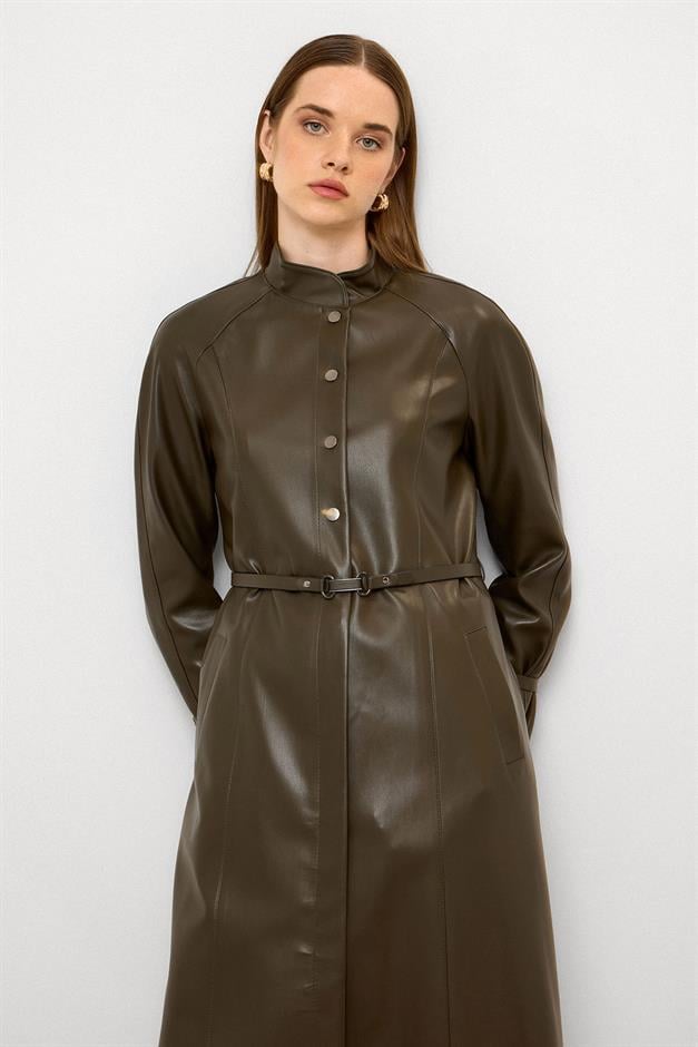 Long Leather Trench Coat with Judge Collar and Belt Detail DRAB 6775