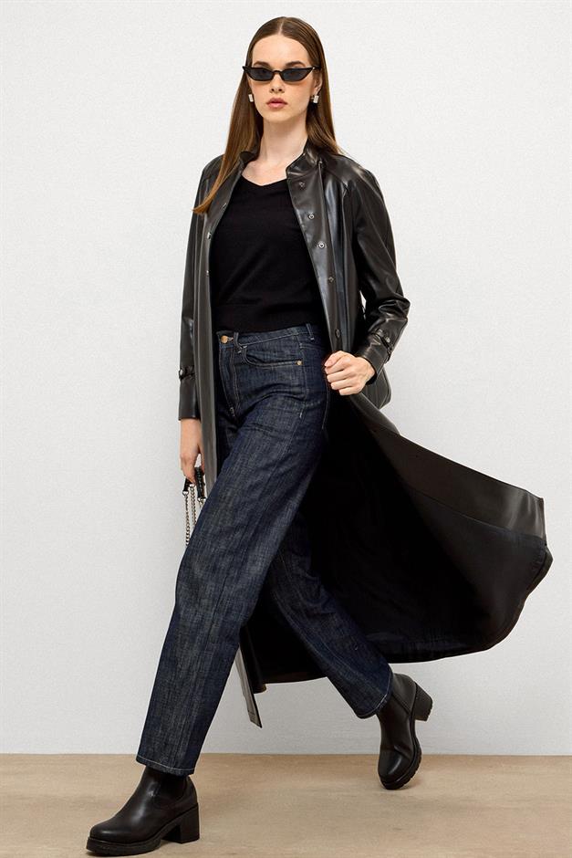 Long Leather Trench Coat with Judge Collar and Belt Detail BLACK 6775