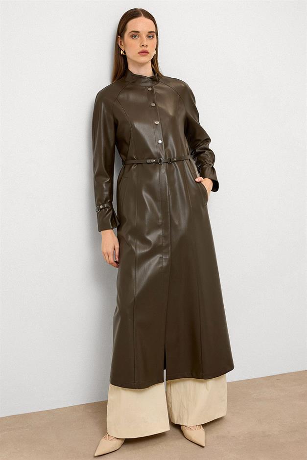 Long Leather Trench Coat with Judge Collar and Belt Detail DRAB 6775