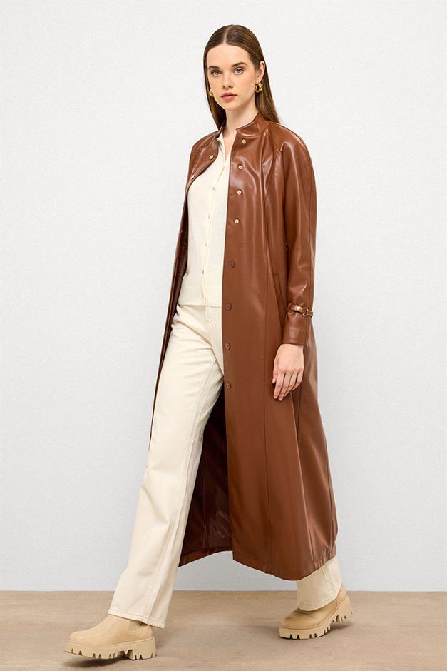 Long Leather Trench Coat with Judge Collar and Belt Detail CAMEL 6775