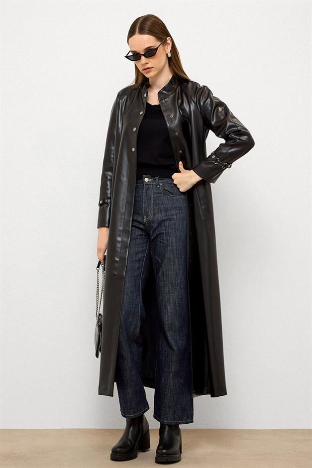 Long Leather Trench Coat with Judge Collar and Belt Detail BLACK 6775