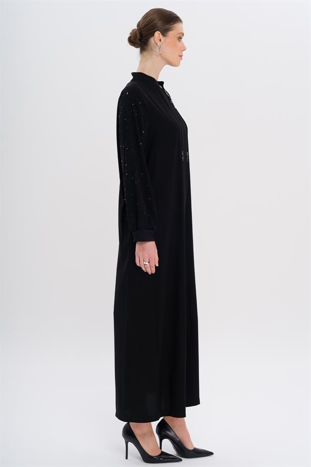 Abaya with Stone Embellished Collar and Sleeves BLACK 6741