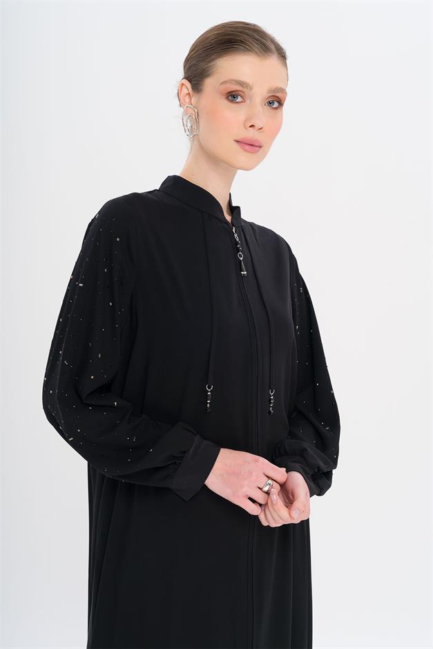 Abaya with Stone Embellished Collar and Sleeves BLACK 6741