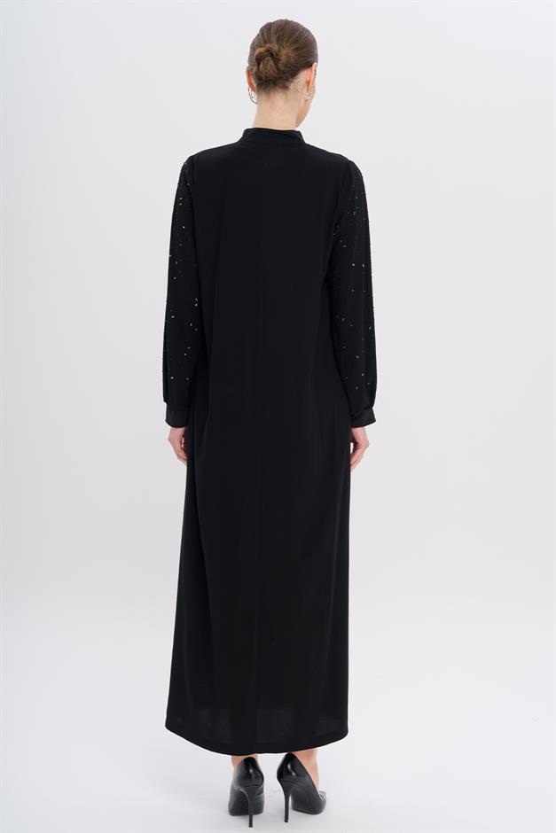 Abaya with Stone Embellished Collar and Sleeves BLACK 6741