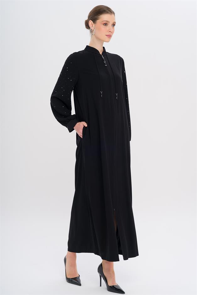 Abaya with Stone Embellished Collar and Sleeves BLACK 6741