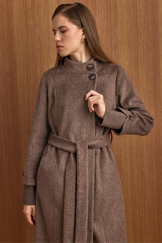 Hakim Yaka Ribana Detaylı Uzun Moher Kaban LATTE 3160