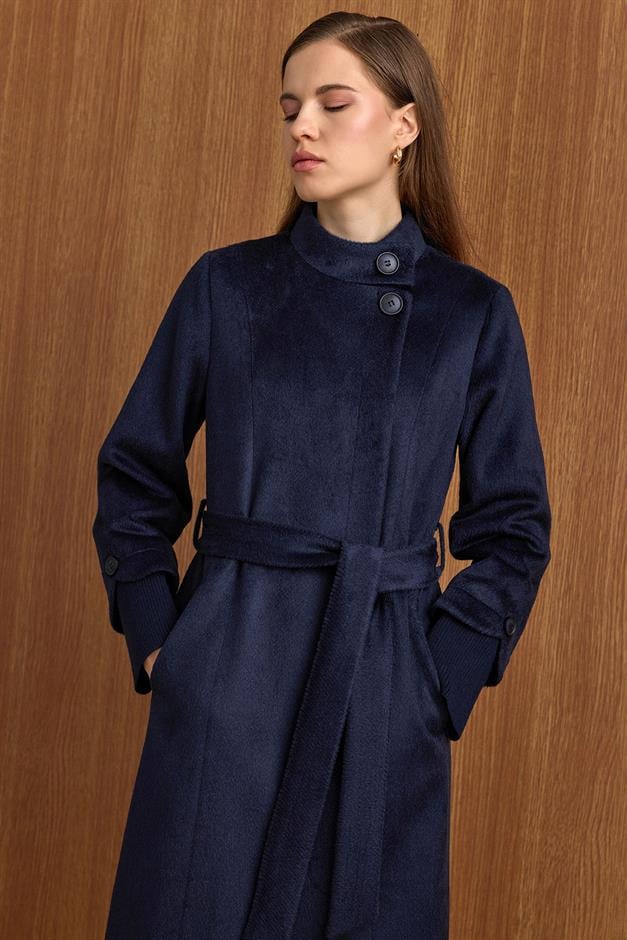 Hakim Yaka Ribana Detaylı Uzun Moher Kaban LACİVERT 3160