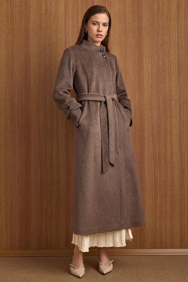 Hakim Yaka Ribana Detaylı Uzun Moher Kaban LATTE 3160