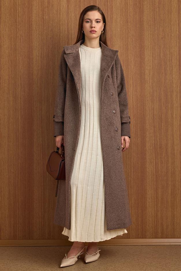 Hakim Yaka Ribana Detaylı Uzun Moher Kaban LATTE 3160