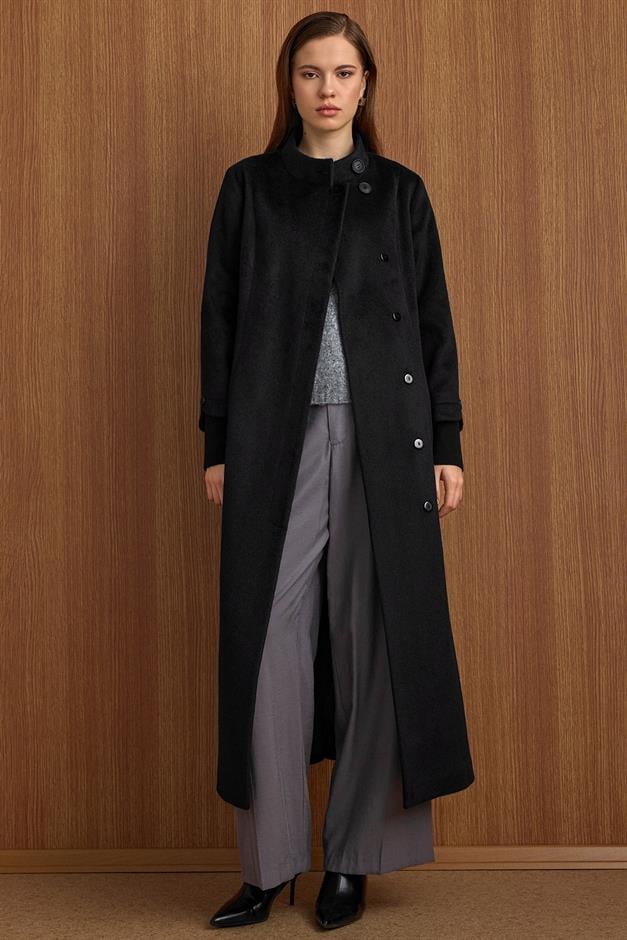 Hakim Yaka Ribana Detaylı Uzun Moher Kaban SİYAH 3160