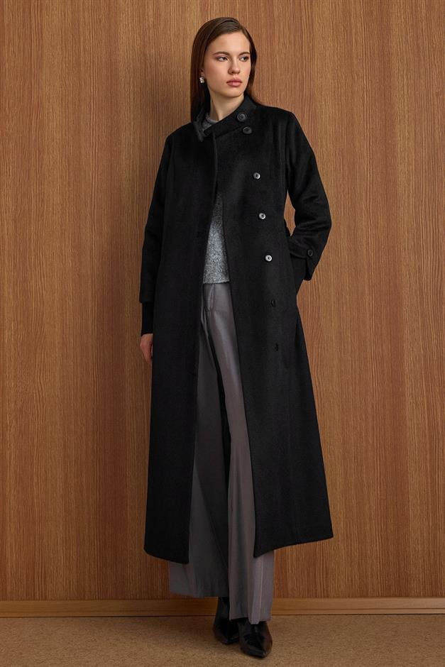 Hakim Yaka Ribana Detaylı Uzun Moher Kaban SİYAH 3160