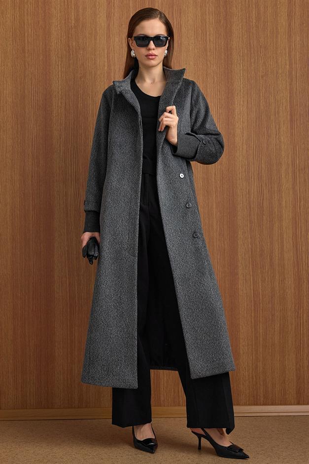 Hakim Yaka Ribana Detaylı Uzun Moher Kaban ANTRASİT 3160