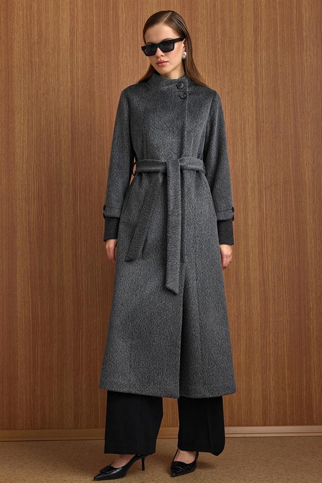 Hakim Yaka Ribana Detaylı Uzun Moher Kaban ANTRASİT 3160