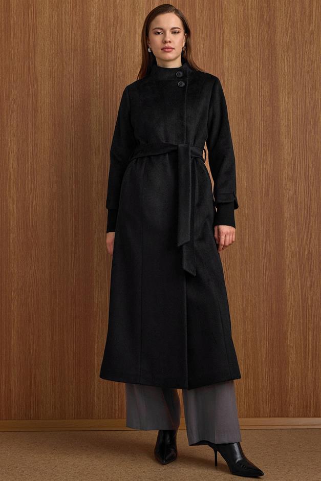 Hakim Yaka Ribana Detaylı Uzun Moher Kaban SİYAH 3160