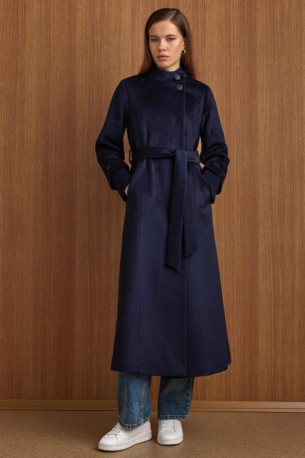 Hakim Yaka Ribana Detaylı Uzun Moher Kaban LACİVERT 3160