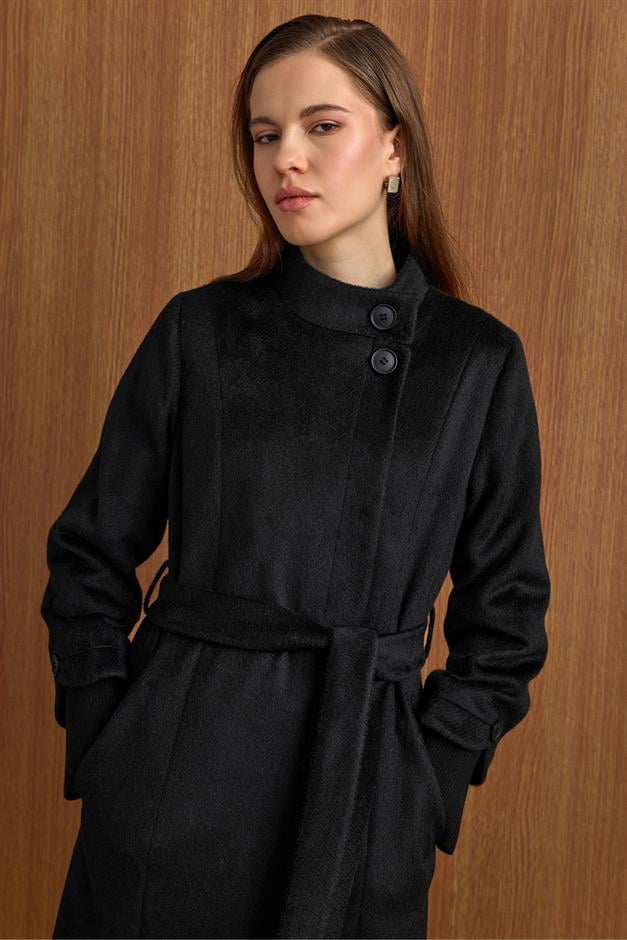 Hakim Yaka Ribana Detaylı Uzun Moher Kaban SİYAH 3160